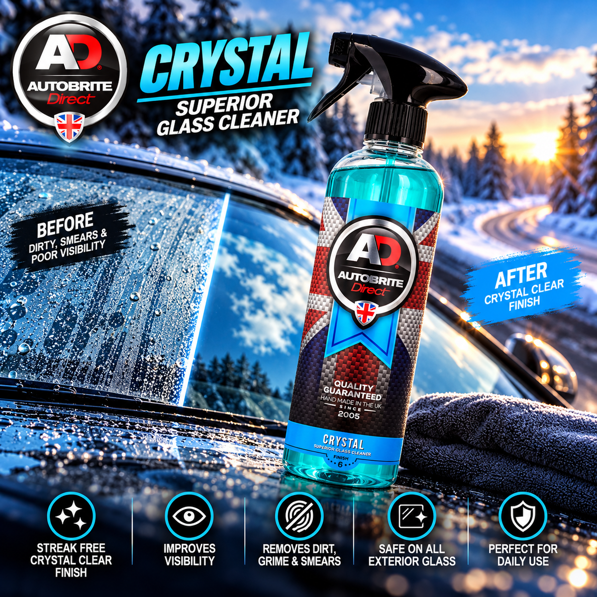Autobrite Direct Crystal Glass Cleaner – 500ml & 5 Litre | Streak-Free Car Window & Windscreen Cleaner