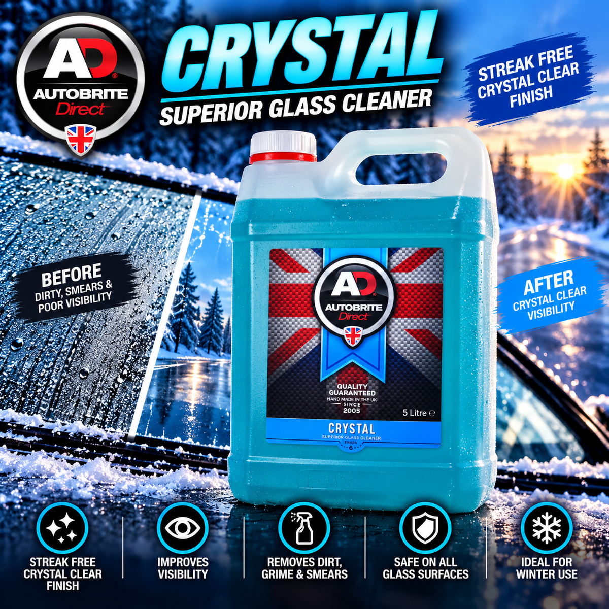 Autobrite Direct Crystal Glass Cleaner – 500ml & 5 Litre | Streak-Free Car Window & Windscreen Cleaner