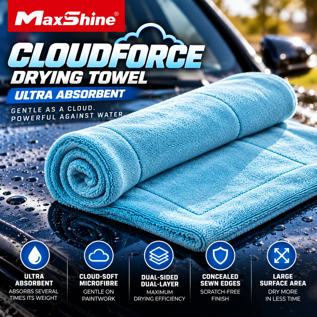 Maxshine CloudForce Drying Towel – Ultra Absorbent Dual-Sided Microfibre Car Drying Towel