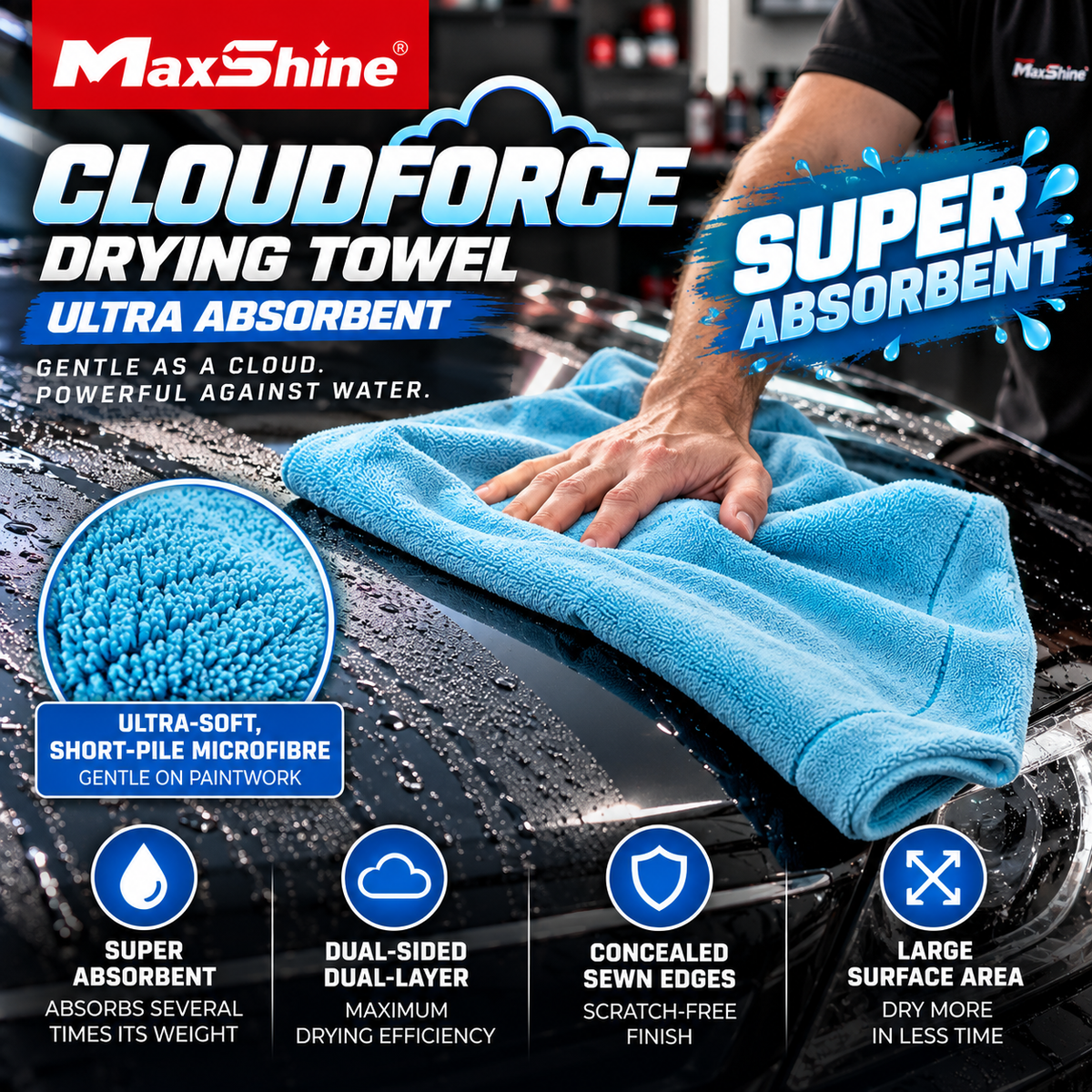 Maxshine CloudForce Drying Towel – Ultra Absorbent Dual-Sided Microfibre Car Drying Towel