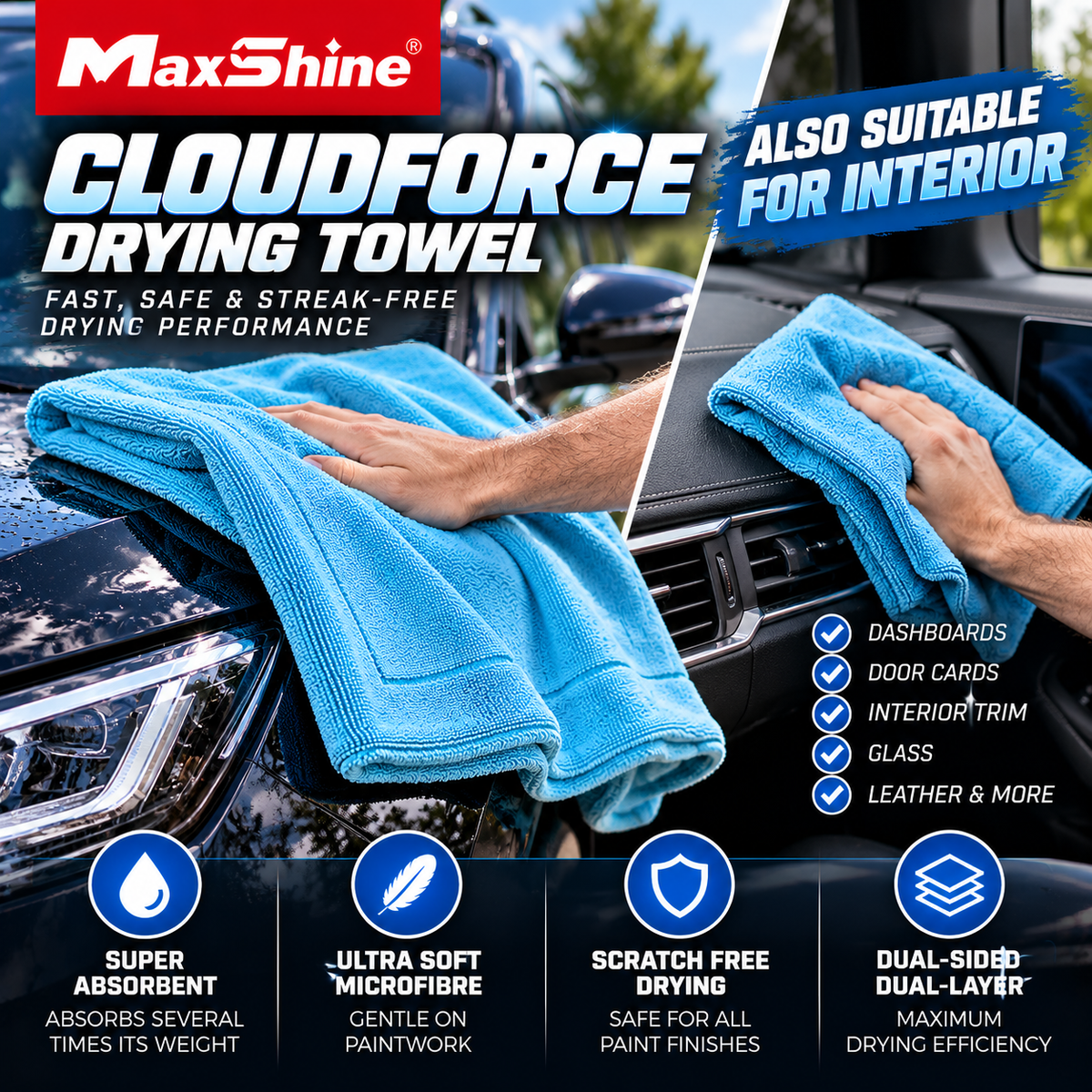 Maxshine CloudForce Drying Towel – Ultra Absorbent Dual-Sided Microfibre Car Drying Towel