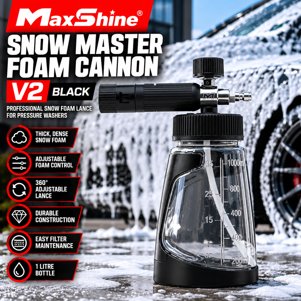 Maxshine Snow Master Foam Cannon V2 – Black | 1L Pressure Washer Snow Foam Lance