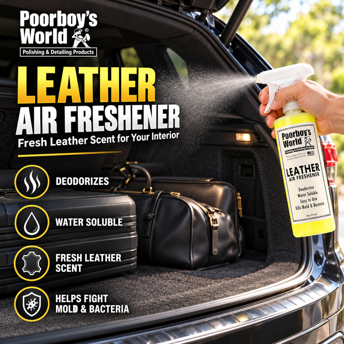Poorboy’s World Leather Air Freshener Spray – 473ml | Car Interior Deodoriser