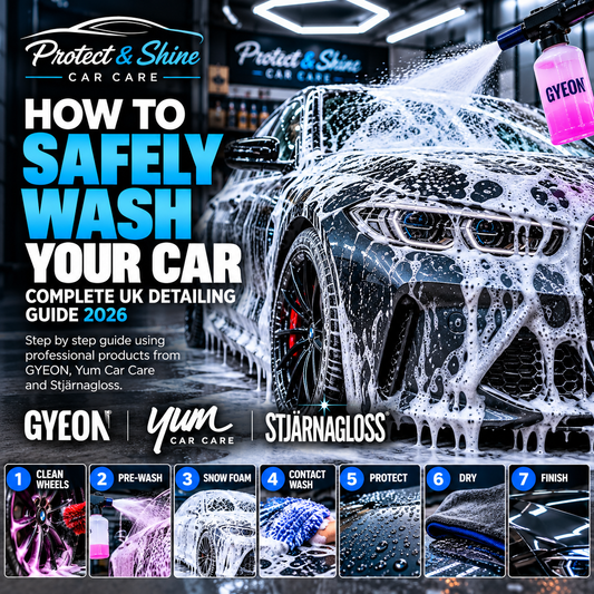 Professional car being washed with snow foam at Protect & Shine Car Care, Aberdeen. Safe car washing guide featuring GYEON, Yum Car Care and Stjärnagloss detailing products.