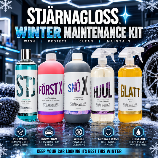 Stjärnagloss Winter Car Maintenance Kit – 5 Piece Car Cleaning Bundle | Pre-Wash, Snow Foam, Shampoo, Wheel Cleaner & Rinse Aid