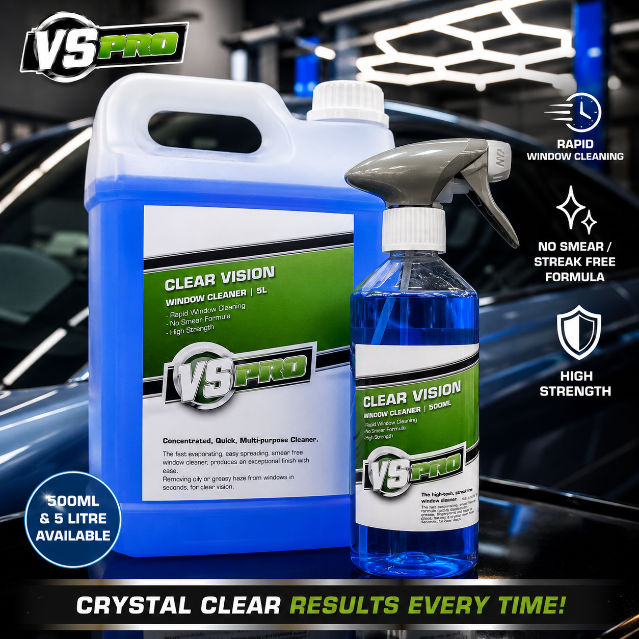 VS-Pro Clear Vision Glass Cleaner – 500ml & 5 Litre | High Strength Streak-Free Window Cleaner
