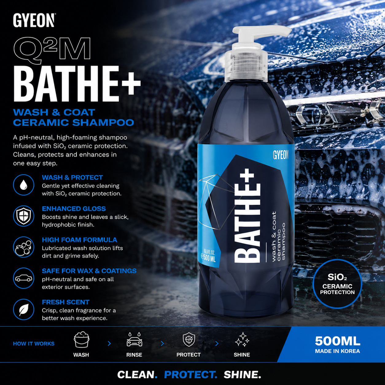 GYEON Q²M Bathe+ – 500ml, 1 Litre & 4 Litre | SiO₂ Ceramic Car Shampoo – Wash, Protect & Shine