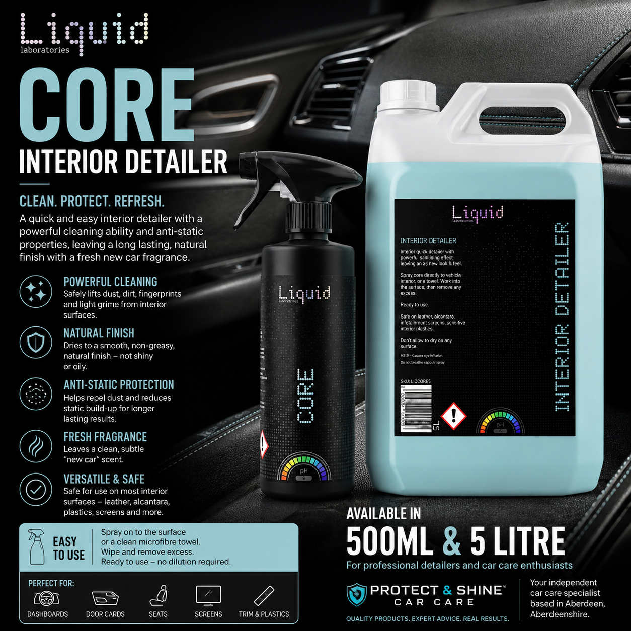 Liquid Labs Core Interior Detailer – Car Interior Cleaner & Anti-Static Detailer – 500ml & 5 Litre
