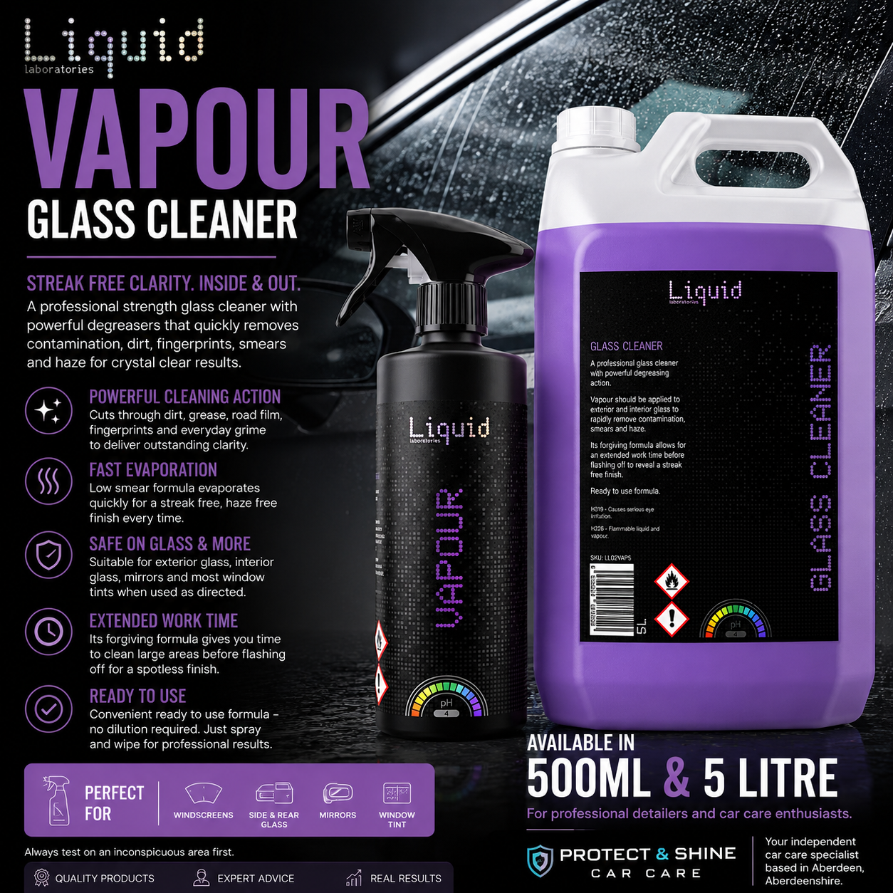 Liquid Labs Vapour Glass Cleaner – Professional Streak-Free Car Glass Cleaner – 500ml & 5 Litre