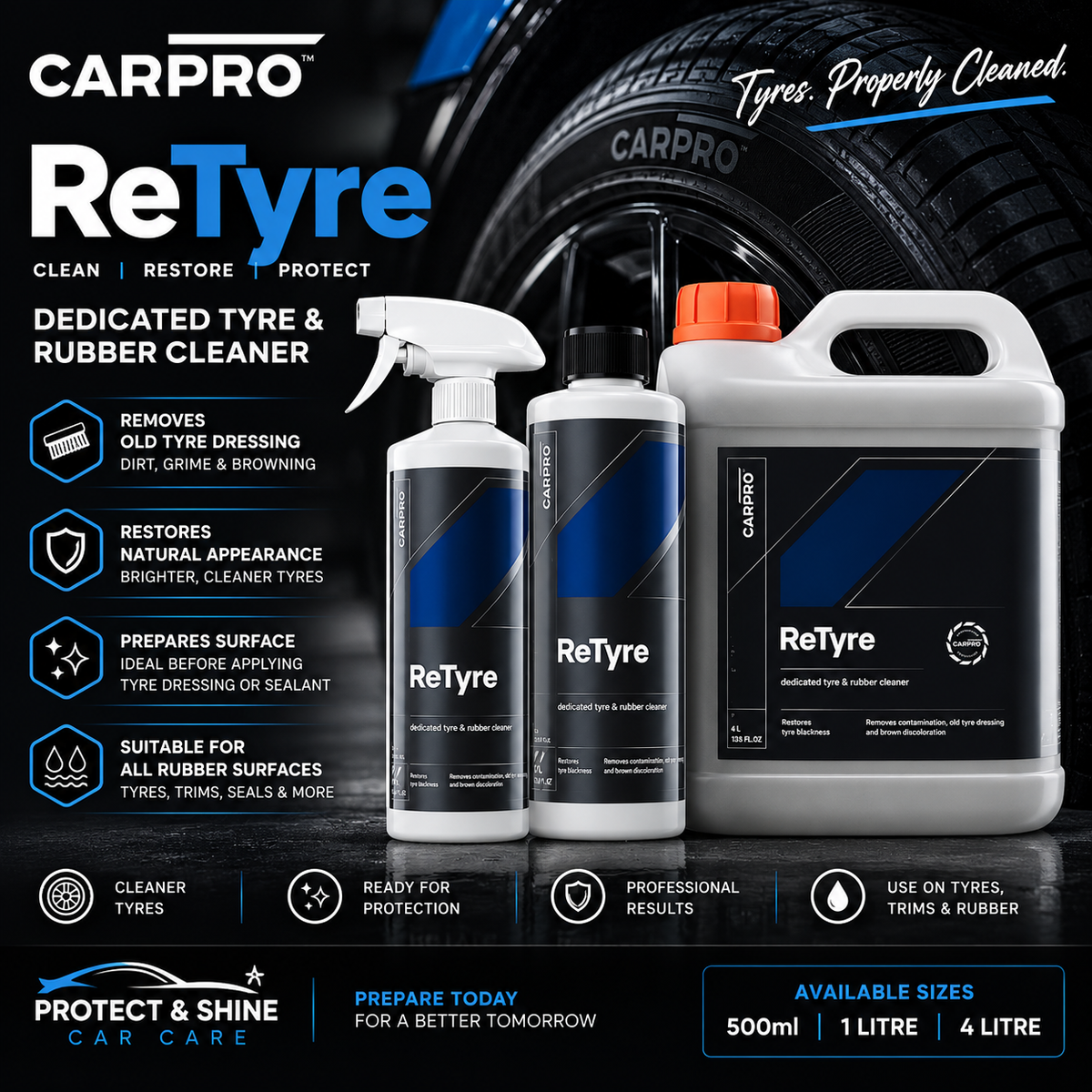 CARPRO ReTyre Tyre & Rubber Cleaner – Deep Cleaning Tyre Cleaner | 500ml, 1L & 4L