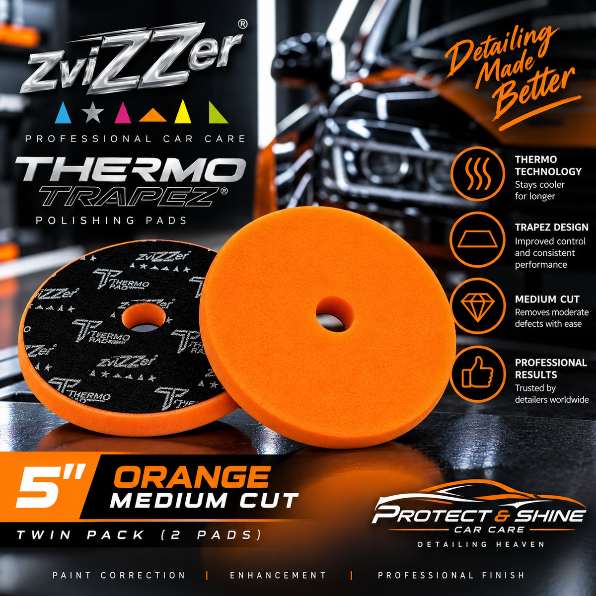 ZviZZer Thermo Trapez Orange 5” Medium Cut Polishing Pads – Twin Pack