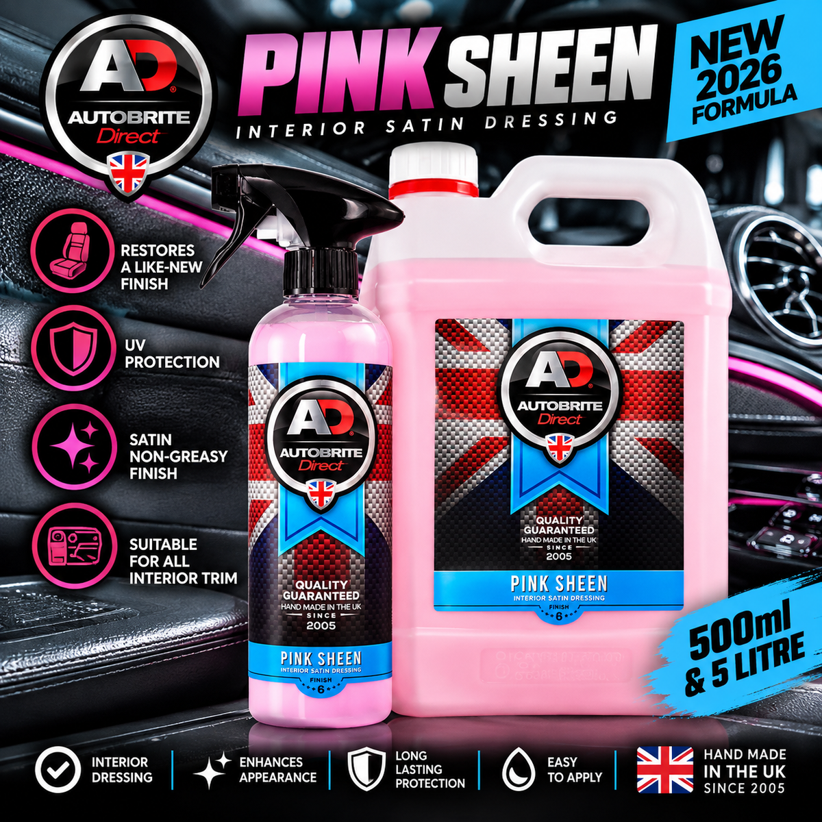Autobrite Direct Pink Sheen Interior Satin Dressing 500ml & 5L | Car Dashboard & Plastic Trim  – 2026