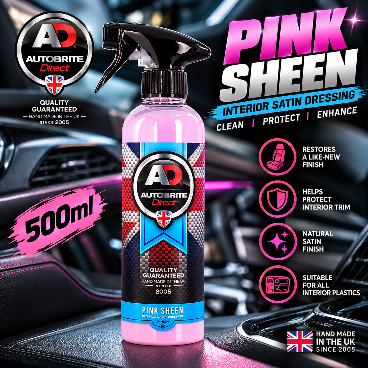 Autobrite Direct Pink Sheen Interior Satin Dressing 500ml & 5L | Car Dashboard & Plastic Trim  – 2026