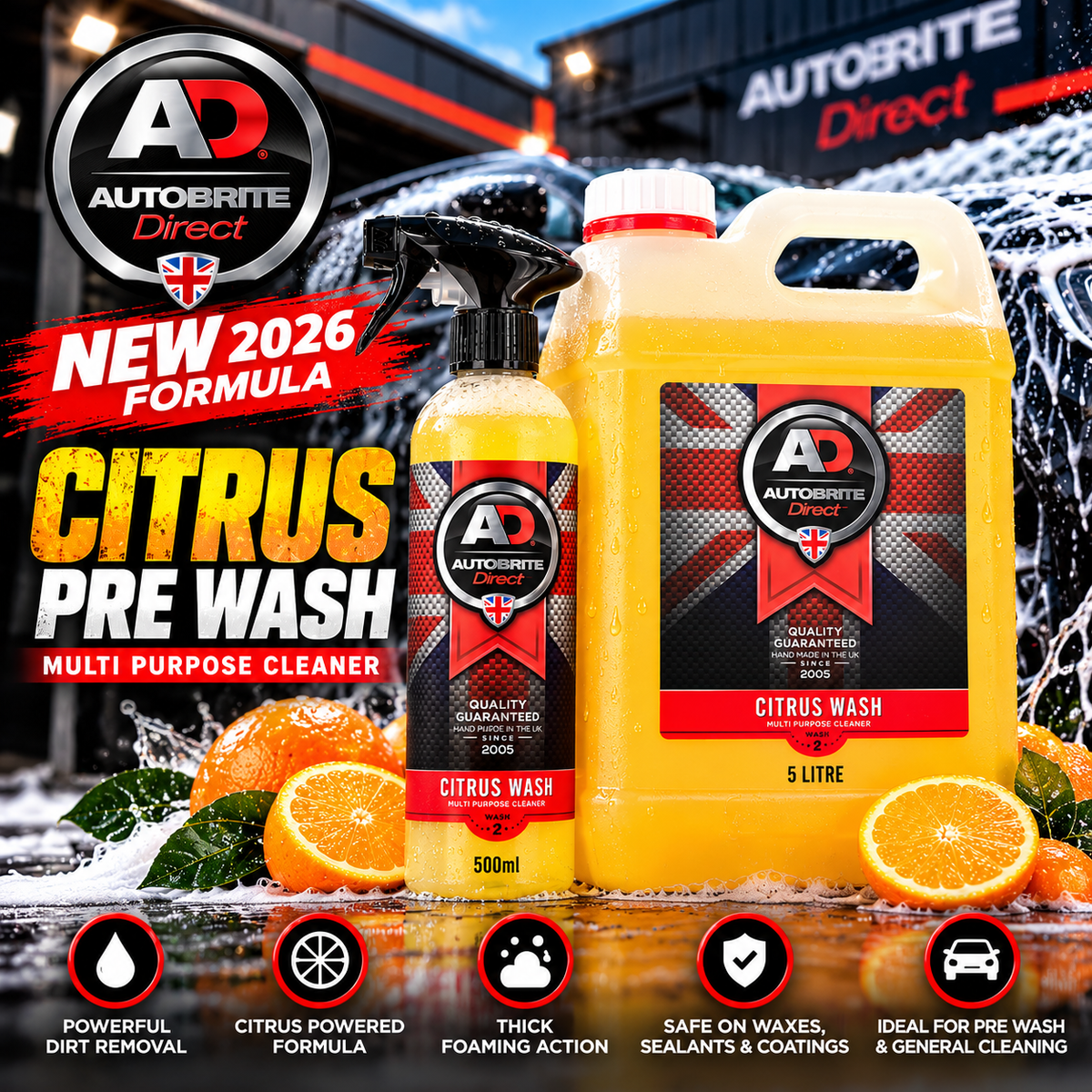 Autobrite Direct Citrus Wash Pre Wash – NEW 2026 Formula | Multi-Purpose Car Cleaner | 500ml & 5L