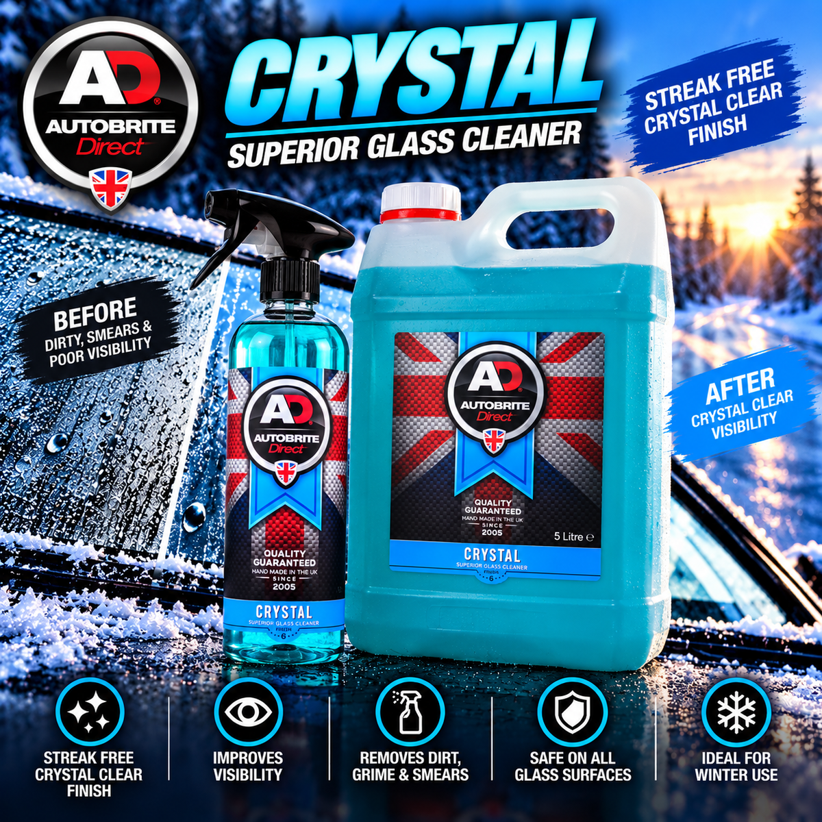 Autobrite Direct Crystal Glass Cleaner – 500ml & 5 Litre | Streak-Free Car Window & Windscreen Cleaner