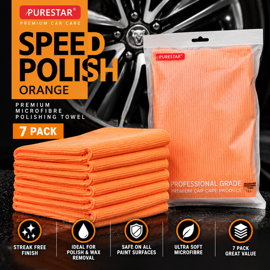 Purestar Orange Speed Polish Microfibre Towels – 7 Pack | Car Polishing, Wax & Detailing Cloths