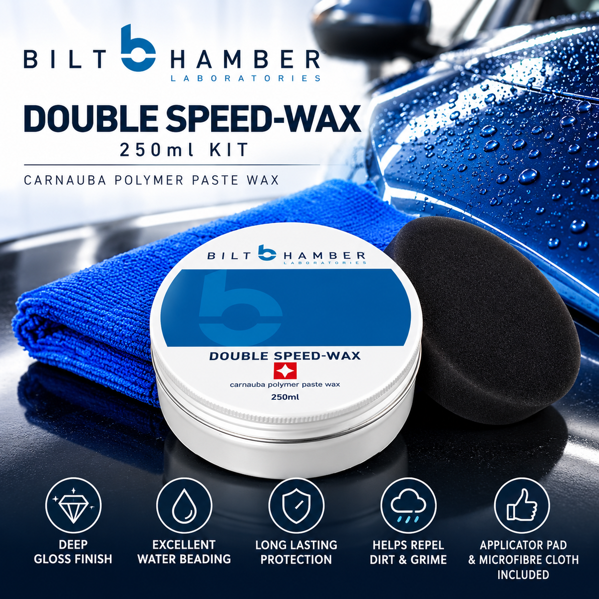 Bilt Hamber Double Speed-Wax 250ml Kit – Carnauba Car Wax with Applicator & Microfibre Cloth