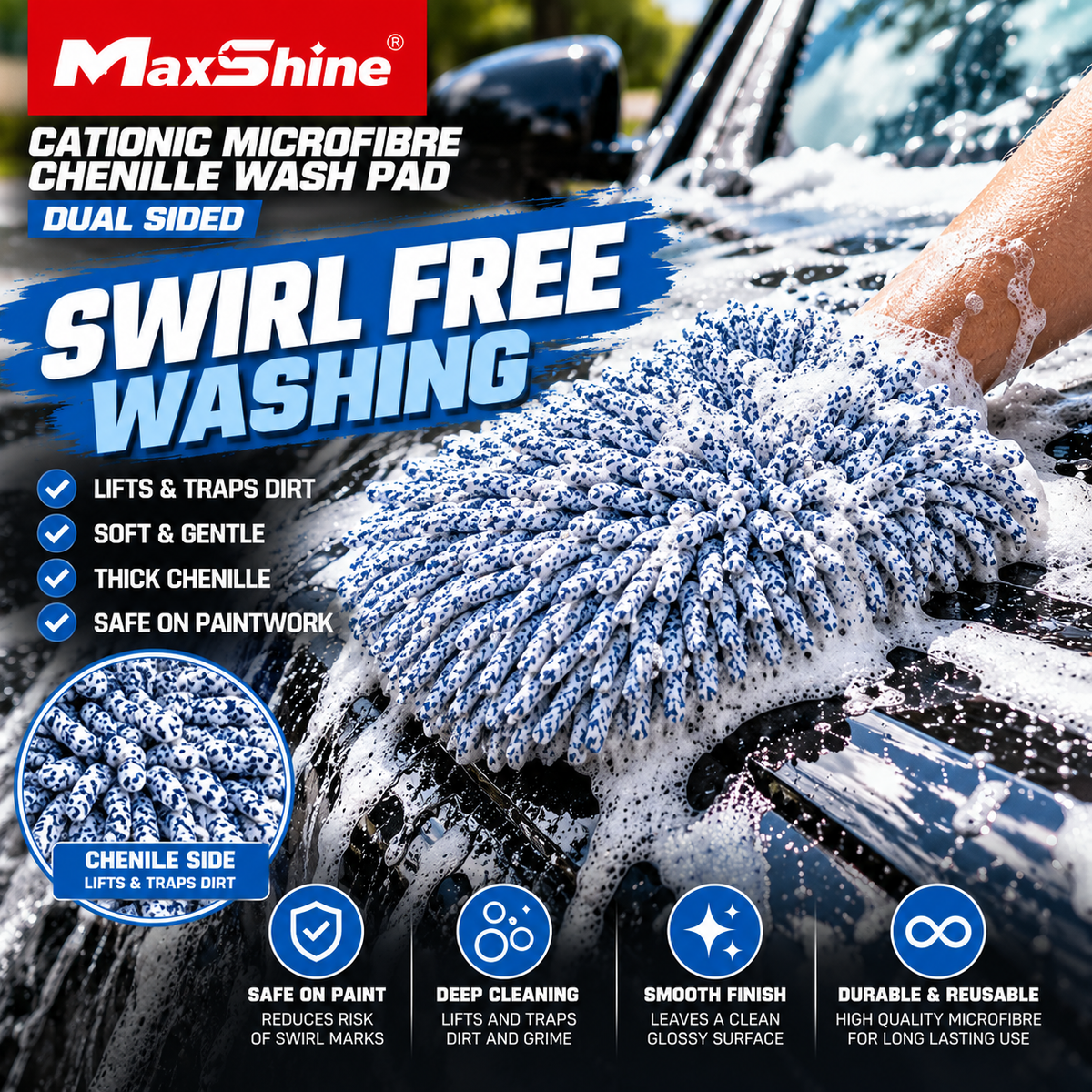 Maxshine Cationic Microfibre Chenille Wash Pad – Dual Sided Car Detailing Wash Pad