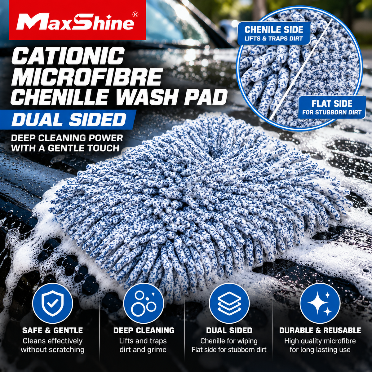 Maxshine Cationic Microfibre Chenille Wash Pad – Dual Sided Car Detailing Wash Pad