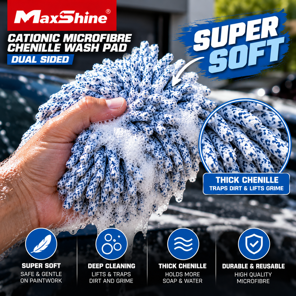 Maxshine Cationic Microfibre Chenille Wash Pad – Dual Sided Car Detailing Wash Pad