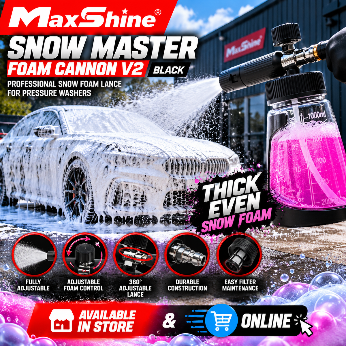 Maxshine Snow Master Foam Cannon V2 – Black | 1L Pressure Washer Snow Foam Lance