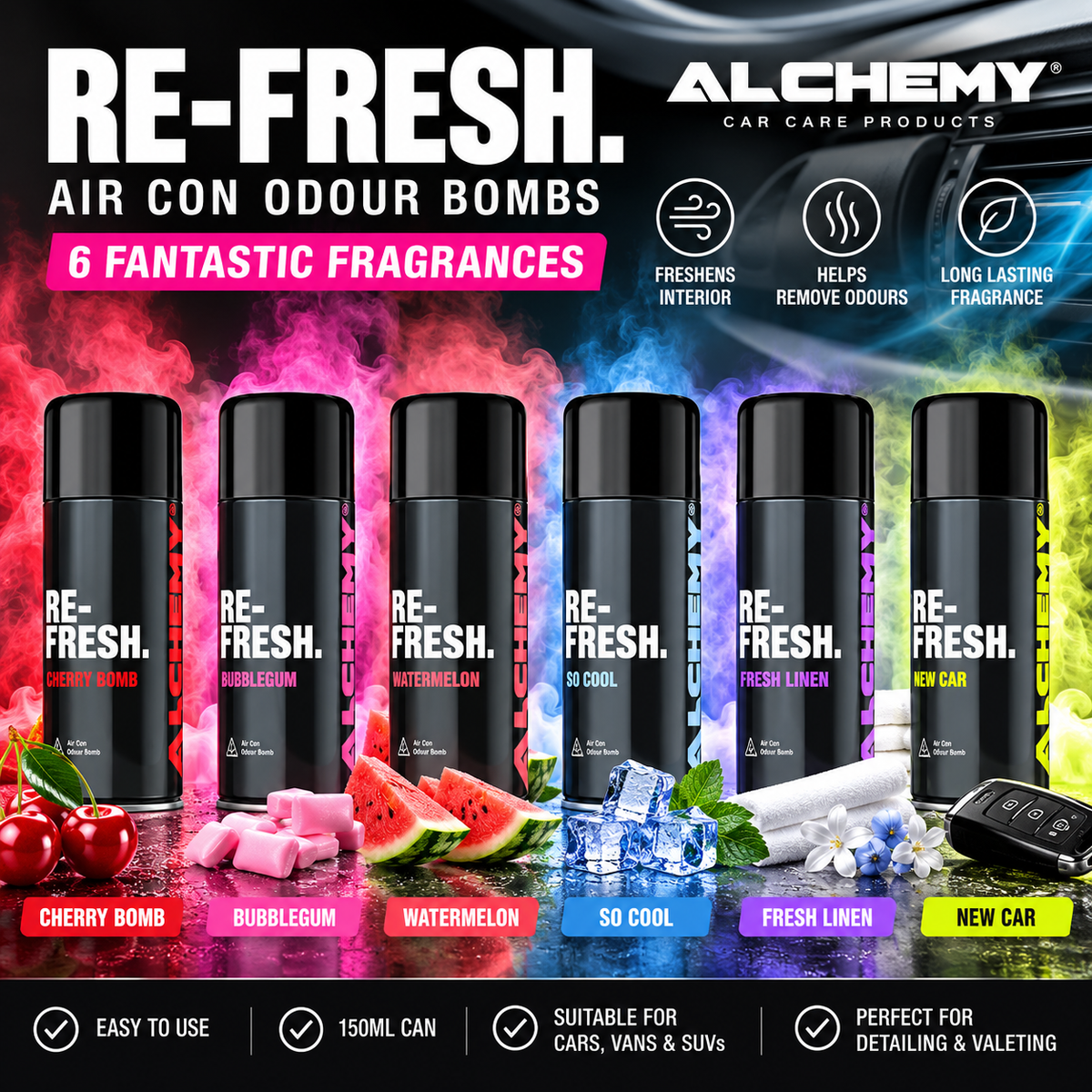 Alchemy Re-Fresh Air Con Odour Bomb 150ml – Car Interior Air Freshener | 6 Scents