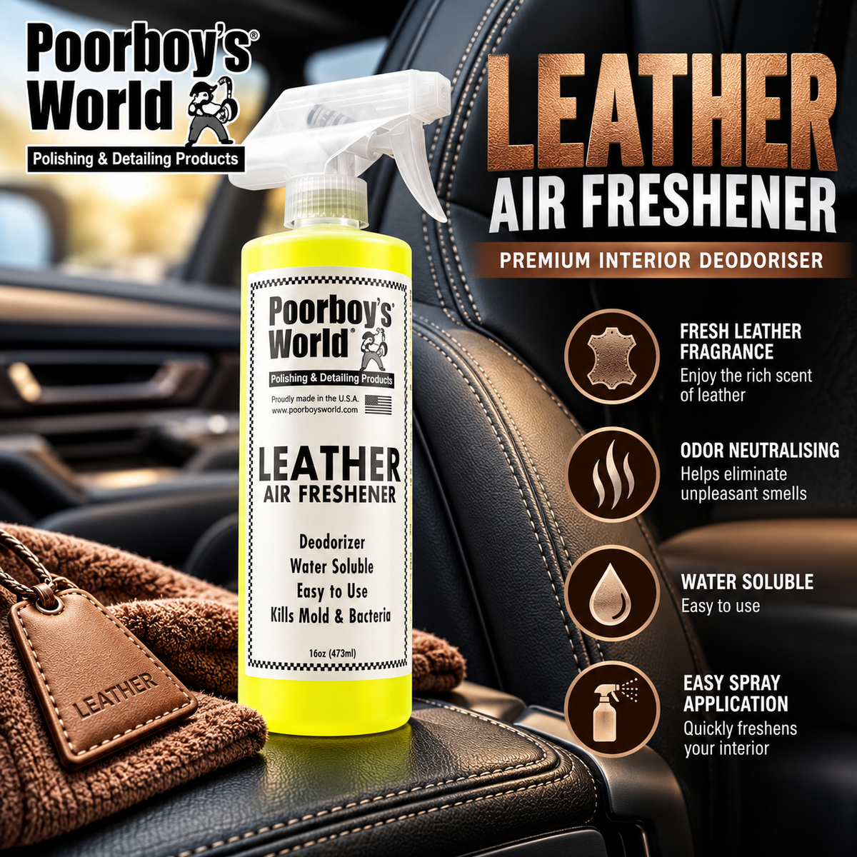 Poorboy’s World Leather Air Freshener Spray – 473ml | Car Interior Deodoriser