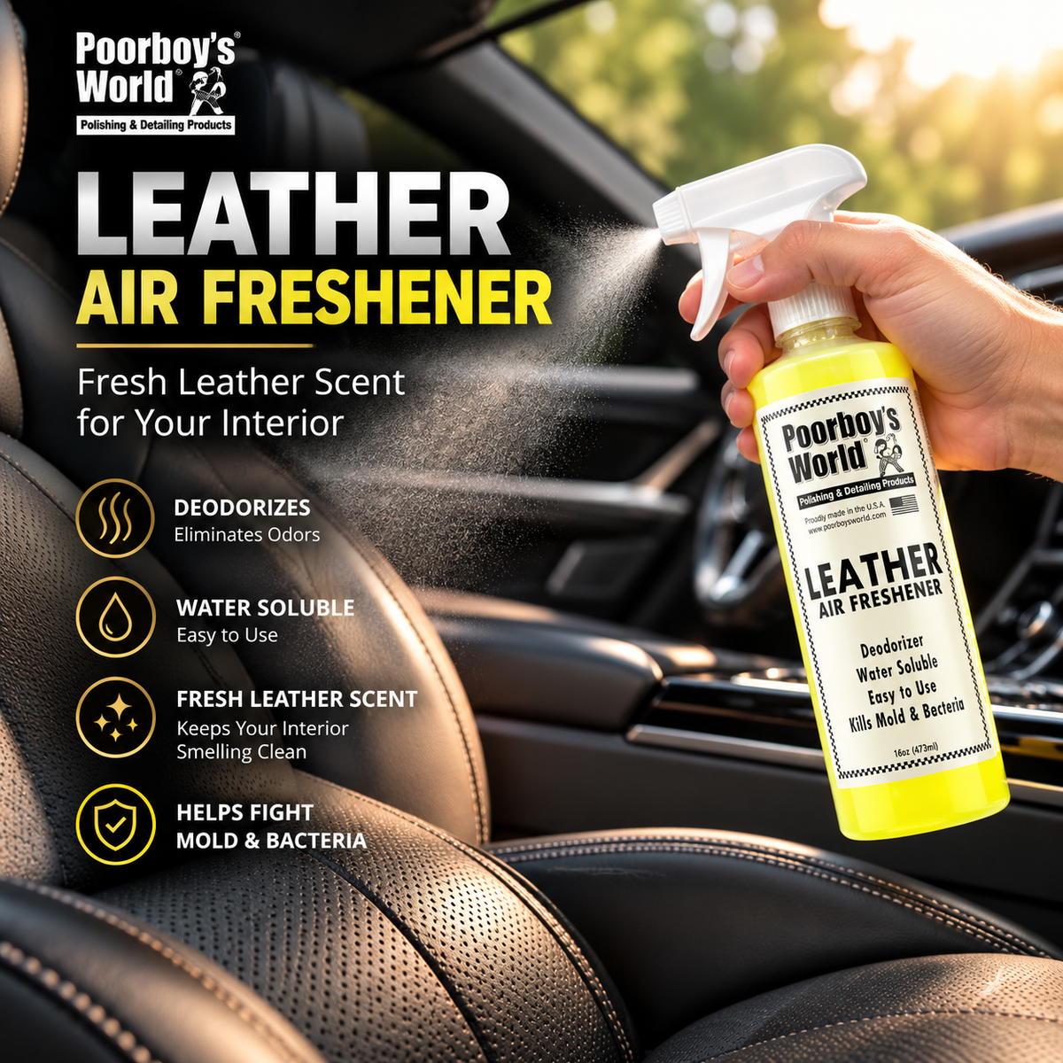 Poorboy’s World Leather Air Freshener Spray – 473ml | Car Interior Deodoriser
