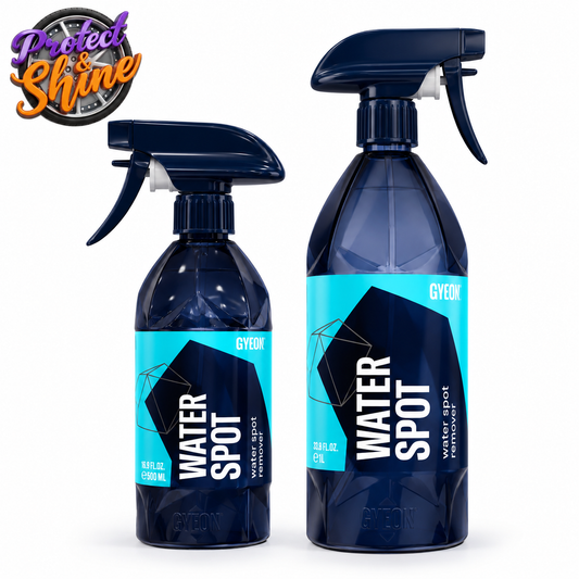 GYEON Q²M WaterSpot Remover 500ml and 1 litre with Protect & Shine logo on white background